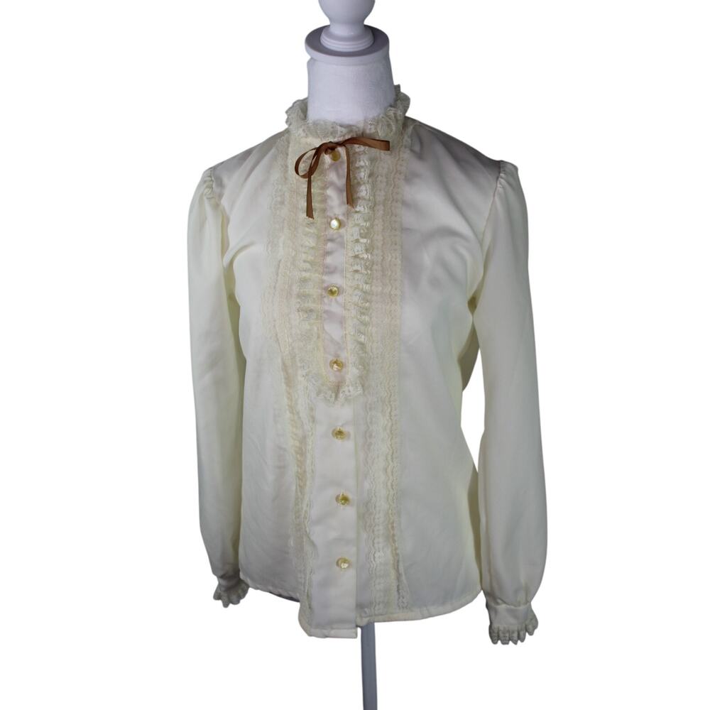 Lady Holiday True Vintage 1970s Prarie Blouse Button Up Lace Frontier Victorian